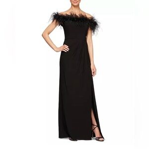 NWT Alex Evenings Faux Feather Off The Shoulder Black Gown - Sz 10P